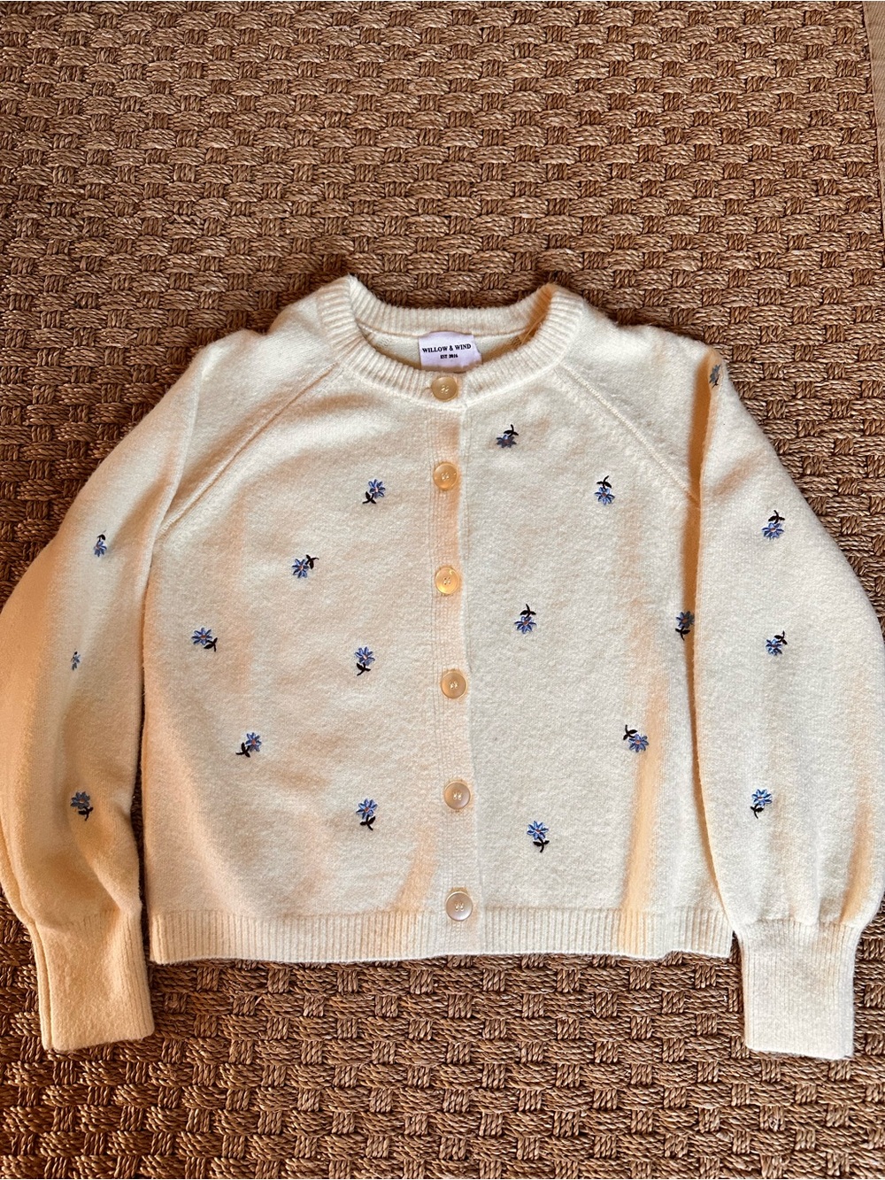 Willow & Wind Cream Crewneck Cardigan with Blue Floral Embroidery